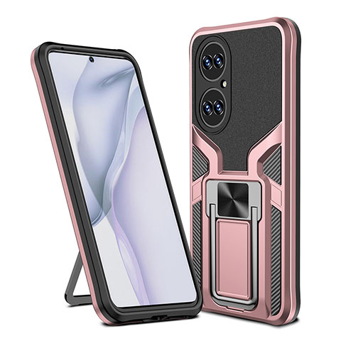 Silikon Hülle Handyhülle und Kunststoff Schutzhülle Hartschalen Tasche mit Magnetisch Fingerring Ständer ZL1 für Huawei P50 Pro Rosegold