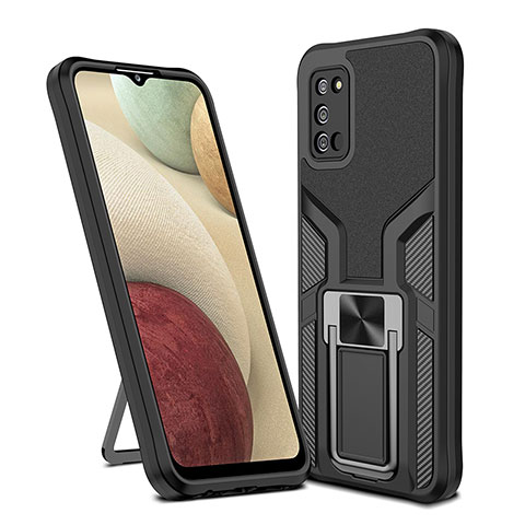 Silikon Hülle Handyhülle und Kunststoff Schutzhülle Hartschalen Tasche mit Magnetisch Fingerring Ständer ZL1 für Samsung Galaxy A03s Schwarz