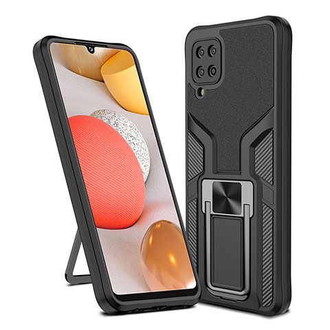 Silikon Hülle Handyhülle und Kunststoff Schutzhülle Hartschalen Tasche mit Magnetisch Fingerring Ständer ZL1 für Samsung Galaxy A12 Schwarz