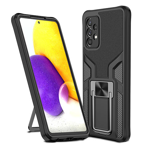 Silikon Hülle Handyhülle und Kunststoff Schutzhülle Hartschalen Tasche mit Magnetisch Fingerring Ständer ZL1 für Samsung Galaxy A72 4G Schwarz