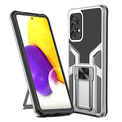 Silikon Hülle Handyhülle und Kunststoff Schutzhülle Hartschalen Tasche mit Magnetisch Fingerring Ständer ZL1 für Samsung Galaxy A72 4G Silber