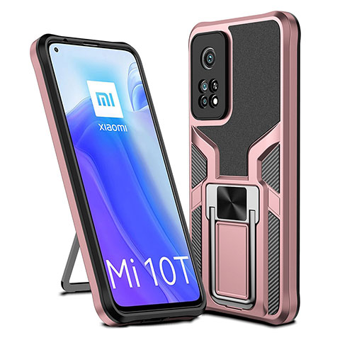 Silikon Hülle Handyhülle und Kunststoff Schutzhülle Hartschalen Tasche mit Magnetisch Fingerring Ständer ZL1 für Xiaomi Mi 10T 5G Rosegold