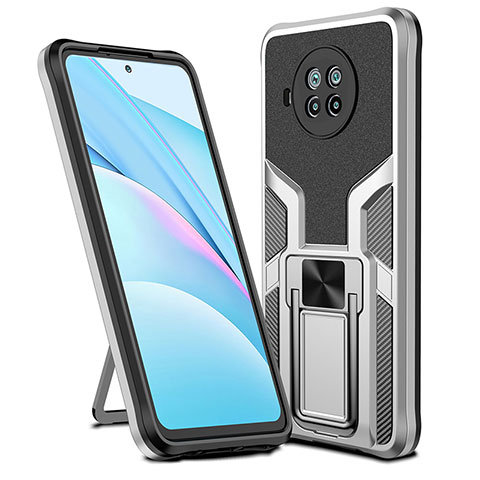 Silikon Hülle Handyhülle und Kunststoff Schutzhülle Hartschalen Tasche mit Magnetisch Fingerring Ständer ZL1 für Xiaomi Mi 10T Lite 5G Silber