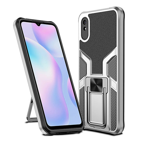 Silikon Hülle Handyhülle und Kunststoff Schutzhülle Hartschalen Tasche mit Magnetisch Fingerring Ständer ZL1 für Xiaomi Redmi 9A Silber