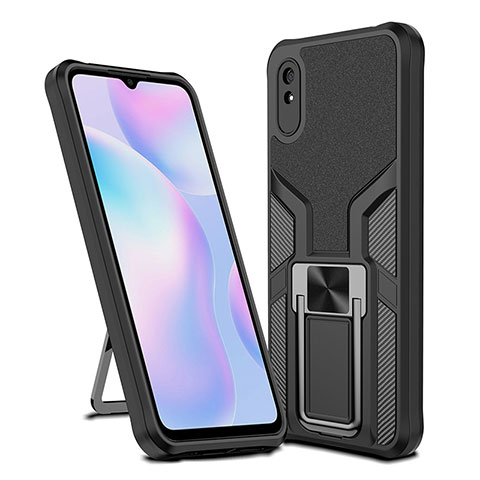 Silikon Hülle Handyhülle und Kunststoff Schutzhülle Hartschalen Tasche mit Magnetisch Fingerring Ständer ZL1 für Xiaomi Redmi 9AT Schwarz