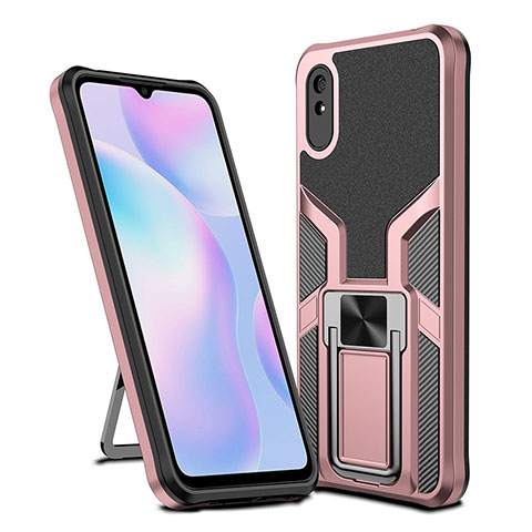 Silikon Hülle Handyhülle und Kunststoff Schutzhülle Hartschalen Tasche mit Magnetisch Fingerring Ständer ZL1 für Xiaomi Redmi 9i Rosegold