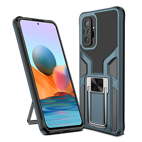 Silikon Hülle Handyhülle und Kunststoff Schutzhülle Hartschalen Tasche mit Magnetisch Fingerring Ständer ZL1 für Xiaomi Redmi Note 10 Pro 4G Cyan