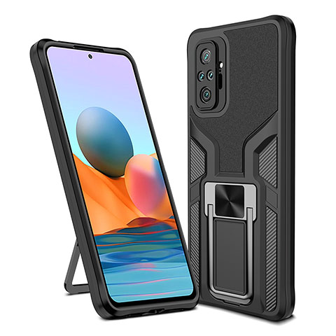 Silikon Hülle Handyhülle und Kunststoff Schutzhülle Hartschalen Tasche mit Magnetisch Fingerring Ständer ZL1 für Xiaomi Redmi Note 10 Pro 4G Schwarz