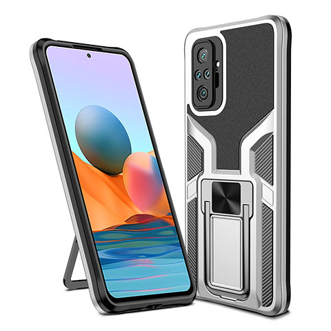 Silikon Hülle Handyhülle und Kunststoff Schutzhülle Hartschalen Tasche mit Magnetisch Fingerring Ständer ZL1 für Xiaomi Redmi Note 10 Pro 4G Silber