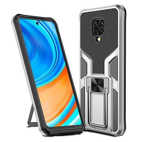 Silikon Hülle Handyhülle und Kunststoff Schutzhülle Hartschalen Tasche mit Magnetisch Fingerring Ständer ZL1 für Xiaomi Redmi Note 9 Pro Max Silber