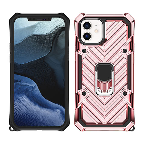 Silikon Hülle Handyhülle und Kunststoff Schutzhülle Hartschalen Tasche mit Magnetisch Ständer A01 für Apple iPhone 12 Rosegold