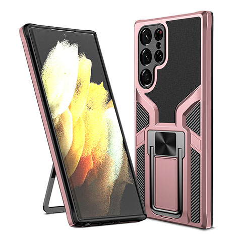 Silikon Hülle Handyhülle und Kunststoff Schutzhülle Hartschalen Tasche mit Magnetisch Ständer A05 für Samsung Galaxy S21 Ultra 5G Rosegold