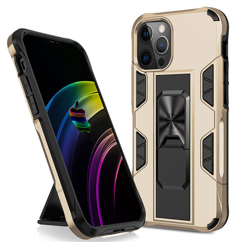 Silikon Hülle Handyhülle und Kunststoff Schutzhülle Hartschalen Tasche mit Magnetisch Ständer für Apple iPhone 12 Pro Gold