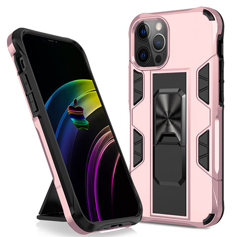 Silikon Hülle Handyhülle und Kunststoff Schutzhülle Hartschalen Tasche mit Magnetisch Ständer für Apple iPhone 12 Pro Max Rosegold