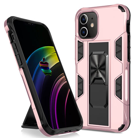 Silikon Hülle Handyhülle und Kunststoff Schutzhülle Hartschalen Tasche mit Magnetisch Ständer für Apple iPhone 12 Rosegold