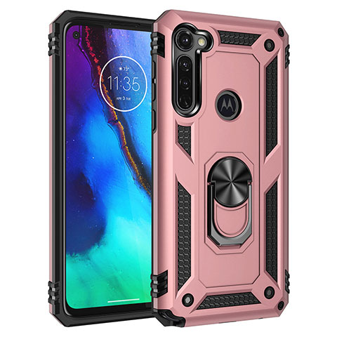 Silikon Hülle Handyhülle und Kunststoff Schutzhülle Hartschalen Tasche mit Magnetisch Ständer für Motorola Moto G Stylus Rosegold