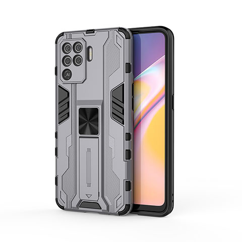 Silikon Hülle Handyhülle und Kunststoff Schutzhülle Hartschalen Tasche mit Magnetisch Ständer für Oppo F19 Pro Grau