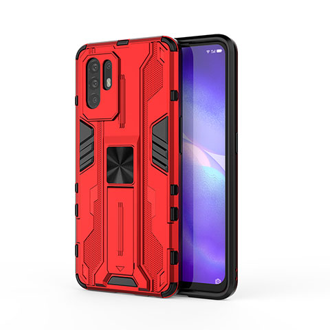 Silikon Hülle Handyhülle und Kunststoff Schutzhülle Hartschalen Tasche mit Magnetisch Ständer für Oppo F19 Pro+ Plus 5G Rot