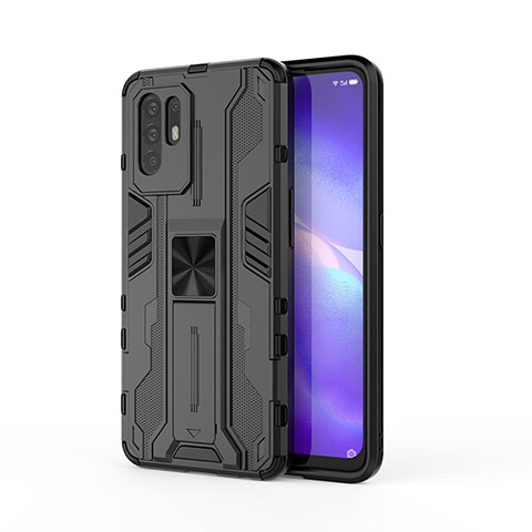 Silikon Hülle Handyhülle und Kunststoff Schutzhülle Hartschalen Tasche mit Magnetisch Ständer für Oppo F19 Pro+ Plus 5G Schwarz