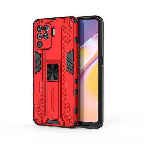 Silikon Hülle Handyhülle und Kunststoff Schutzhülle Hartschalen Tasche mit Magnetisch Ständer für Oppo F19 Pro Rot