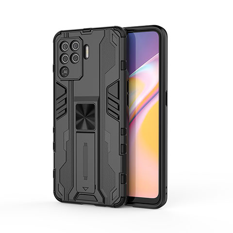 Silikon Hülle Handyhülle und Kunststoff Schutzhülle Hartschalen Tasche mit Magnetisch Ständer für Oppo F19 Pro Schwarz