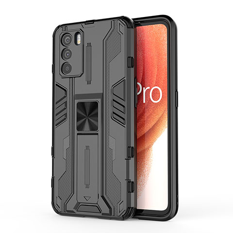 Silikon Hülle Handyhülle und Kunststoff Schutzhülle Hartschalen Tasche mit Magnetisch Ständer für Oppo K9 Pro 5G Schwarz