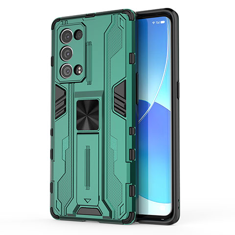 Silikon Hülle Handyhülle und Kunststoff Schutzhülle Hartschalen Tasche mit Magnetisch Ständer für Oppo Reno6 Pro 5G Grün