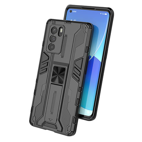 Silikon Hülle Handyhülle und Kunststoff Schutzhülle Hartschalen Tasche mit Magnetisch Ständer für Oppo Reno6 Pro 5G India Schwarz