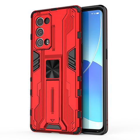 Silikon Hülle Handyhülle und Kunststoff Schutzhülle Hartschalen Tasche mit Magnetisch Ständer für Oppo Reno6 Pro+ Plus 5G Rot