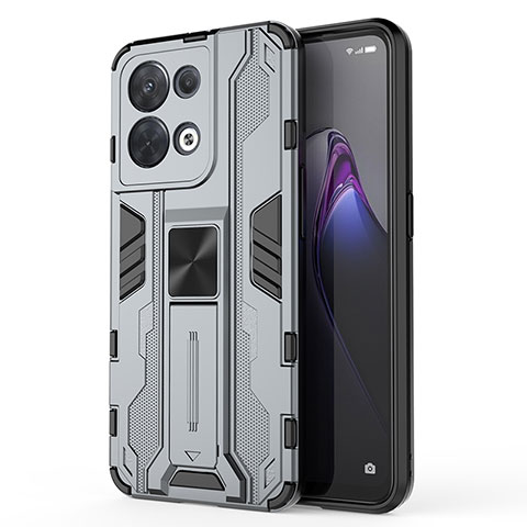 Silikon Hülle Handyhülle und Kunststoff Schutzhülle Hartschalen Tasche mit Magnetisch Ständer für Oppo Reno9 Pro 5G Grau