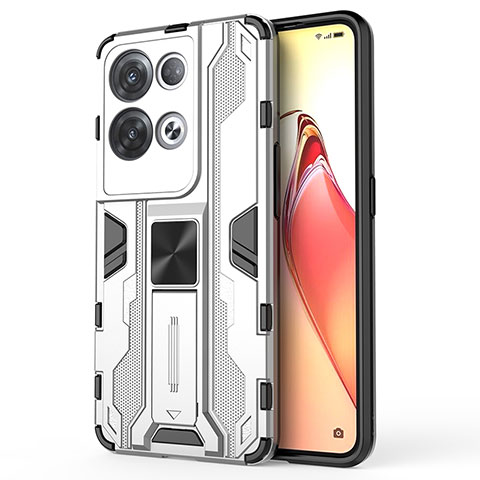 Silikon Hülle Handyhülle und Kunststoff Schutzhülle Hartschalen Tasche mit Magnetisch Ständer für Oppo Reno9 Pro+ Plus 5G Weiß