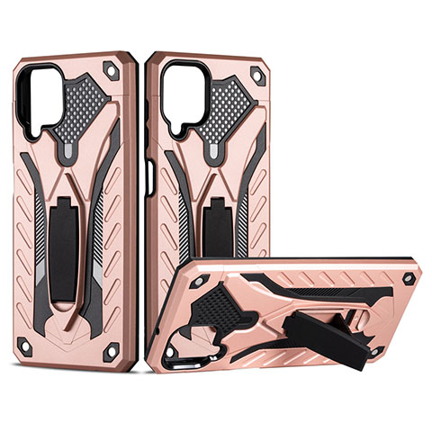 Silikon Hülle Handyhülle und Kunststoff Schutzhülle Hartschalen Tasche mit Magnetisch Ständer für Samsung Galaxy A12 5G Rosegold