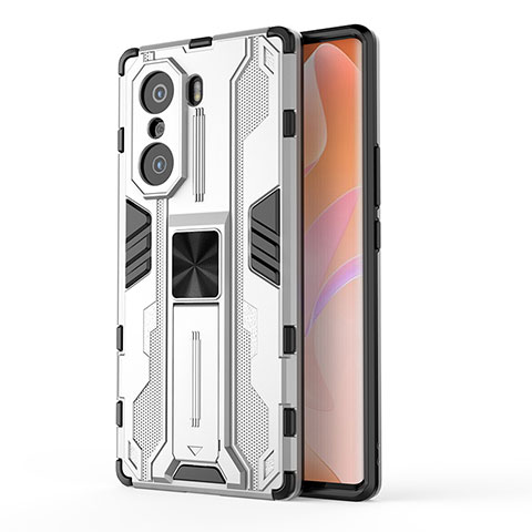 Silikon Hülle Handyhülle und Kunststoff Schutzhülle Hartschalen Tasche mit Magnetisch Ständer KC1 für Huawei Honor 60 Pro 5G Silber