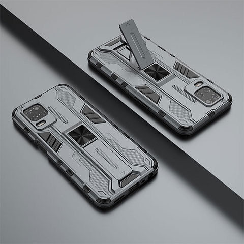Silikon Hülle Handyhülle und Kunststoff Schutzhülle Hartschalen Tasche mit Magnetisch Ständer KC1 für Realme Q3 5G Grau