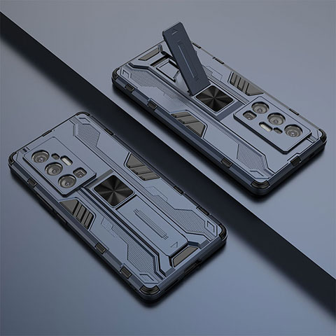 Silikon Hülle Handyhülle und Kunststoff Schutzhülle Hartschalen Tasche mit Magnetisch Ständer KC1 für Vivo X70 Pro+ Plus 5G Blau