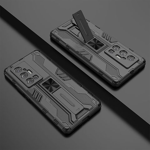 Silikon Hülle Handyhülle und Kunststoff Schutzhülle Hartschalen Tasche mit Magnetisch Ständer KC1 für Vivo X70 Pro+ Plus 5G Schwarz