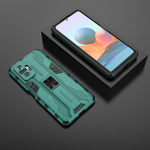 Silikon Hülle Handyhülle und Kunststoff Schutzhülle Hartschalen Tasche mit Magnetisch Ständer KC1 für Xiaomi Redmi Note 10 Pro 4G Grün