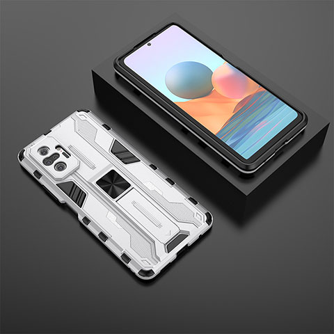 Silikon Hülle Handyhülle und Kunststoff Schutzhülle Hartschalen Tasche mit Magnetisch Ständer KC1 für Xiaomi Redmi Note 10 Pro 4G Silber