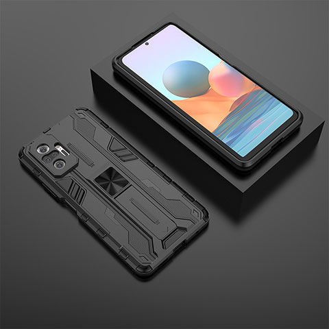 Silikon Hülle Handyhülle und Kunststoff Schutzhülle Hartschalen Tasche mit Magnetisch Ständer KC1 für Xiaomi Redmi Note 10 Pro Max Schwarz