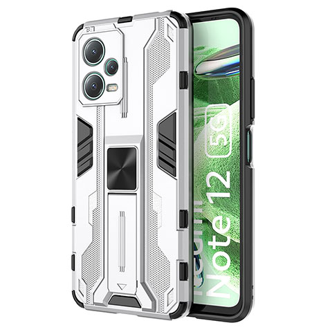 Silikon Hülle Handyhülle und Kunststoff Schutzhülle Hartschalen Tasche mit Magnetisch Ständer KC1 für Xiaomi Redmi Note 12 5G Silber