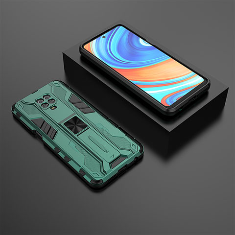 Silikon Hülle Handyhülle und Kunststoff Schutzhülle Hartschalen Tasche mit Magnetisch Ständer KC1 für Xiaomi Redmi Note 9 Pro Grün