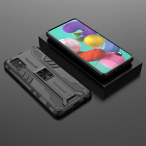 Silikon Hülle Handyhülle und Kunststoff Schutzhülle Hartschalen Tasche mit Magnetisch Ständer KC2 für Samsung Galaxy M40S Schwarz