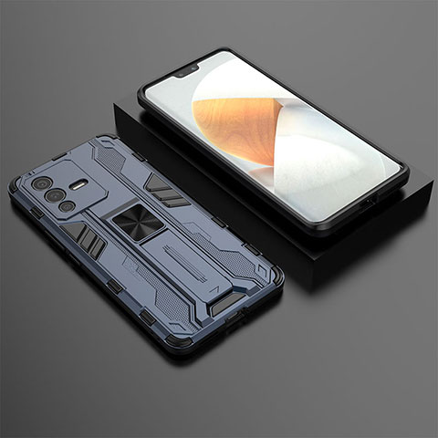 Silikon Hülle Handyhülle und Kunststoff Schutzhülle Hartschalen Tasche mit Magnetisch Ständer KC2 für Vivo V23 Pro 5G Blau