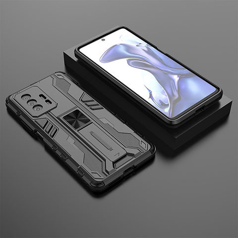 Silikon Hülle Handyhülle und Kunststoff Schutzhülle Hartschalen Tasche mit Magnetisch Ständer KC2 für Xiaomi Mi 11T Pro 5G Schwarz