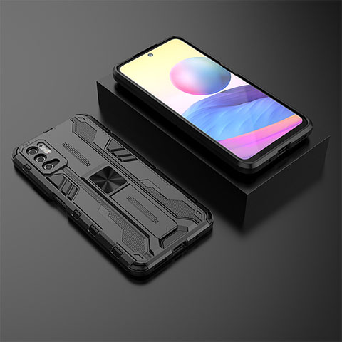 Silikon Hülle Handyhülle und Kunststoff Schutzhülle Hartschalen Tasche mit Magnetisch Ständer KC2 für Xiaomi POCO M3 Pro 5G Schwarz