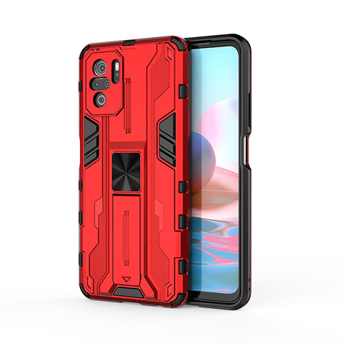 Silikon Hülle Handyhülle und Kunststoff Schutzhülle Hartschalen Tasche mit Magnetisch Ständer KC2 für Xiaomi Redmi Note 10 4G Rot