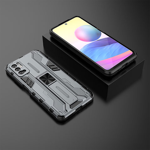 Silikon Hülle Handyhülle und Kunststoff Schutzhülle Hartschalen Tasche mit Magnetisch Ständer KC2 für Xiaomi Redmi Note 10 5G Grau