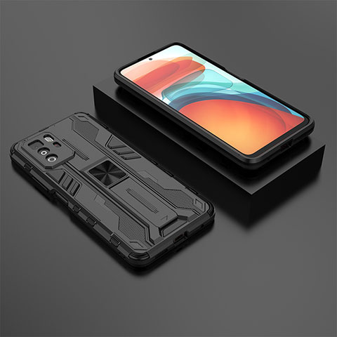 Silikon Hülle Handyhülle und Kunststoff Schutzhülle Hartschalen Tasche mit Magnetisch Ständer KC2 für Xiaomi Redmi Note 10 Pro 5G Schwarz