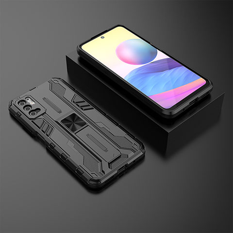 Silikon Hülle Handyhülle und Kunststoff Schutzhülle Hartschalen Tasche mit Magnetisch Ständer KC2 für Xiaomi Redmi Note 10T 5G Schwarz
