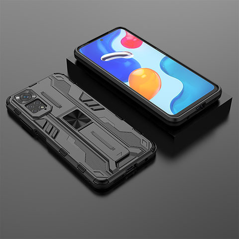 Silikon Hülle Handyhülle und Kunststoff Schutzhülle Hartschalen Tasche mit Magnetisch Ständer KC2 für Xiaomi Redmi Note 11 4G (2022) Schwarz